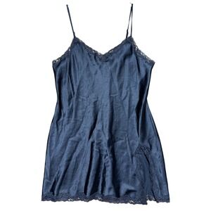 Victorias Secret Black Satin Lace Trim Slip Dress Chemise Side Slit Medium